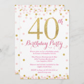 ピンクおよび金ゴールドのグリッターの第40誕生会 招待状 (正面/裏面)