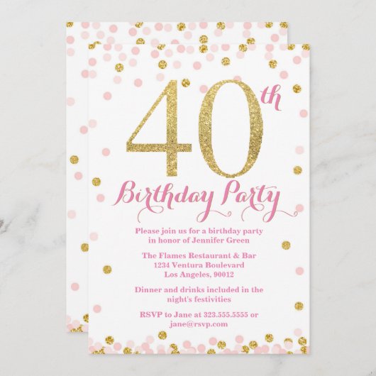 ピンクおよび金ゴールドのグリッターの第40誕生会 招待状 (正面/裏面)