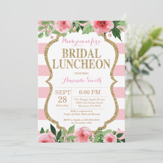 ピンクおよび金ゴールドのグリッターの花嫁の昼食会の招待状 招待状 (スタンド正面)