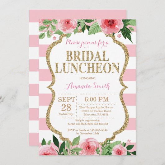 ピンクおよび金ゴールドのグリッターの花嫁の昼食会の招待状 招待状 (正面/裏面)