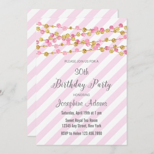ピンクおよび金ゴールドのグリッターの誕生日の招待状 招待状 (正面/裏面)