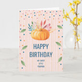 ピンクおよび金ゴールドのストライプな誕生日のオレンジカボチャ カード (黄色い花)