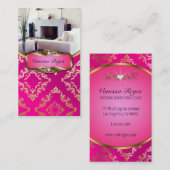 ピンクおよび金ゴールドのダマスク織の写真の名刺 名刺 (正面/裏面)