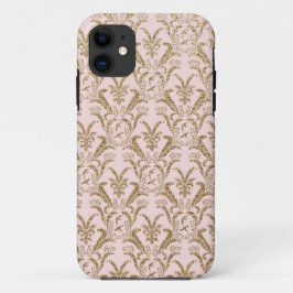 ピンクおよび金ゴールドのダマスク織パターン iPhone 11 ケース