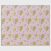 ピンクおよび金ゴールドのハート ラッピングペーパー (フラット)