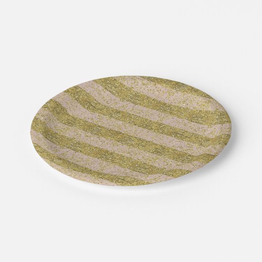 ピンクおよび金ゴールドのフェイクなグリッターのストライプの派手でシックなgir ペーパープレート (アングル)