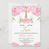 ピンクおよび金ゴールドのユニコーンの第2誕生日の女の子 招待状 (正面)