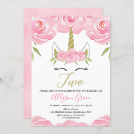 ピンクおよび金ゴールドのユニコーンの第2誕生日の女の子 招待状