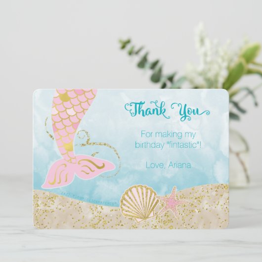 ピンクおよび金ゴールドの人魚のサンキューカード サンキューカード (スタンド正面)