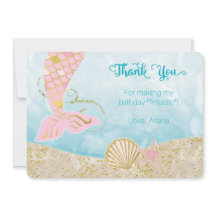 ピンクおよび金ゴールドの人魚のサンキューカード