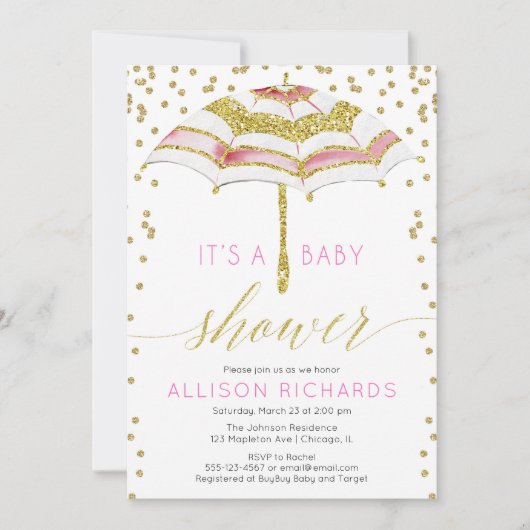 ピンクおよび金ゴールドの傘の女の子のベビーシャワー 招待状 (正面)