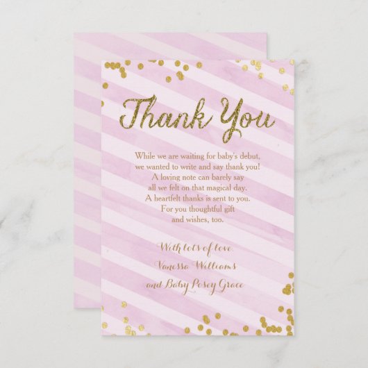ピンクおよび金ゴールドの女の子のベビーはシャワーを感謝していしています振りかけます 招待状 (正面/裏面)