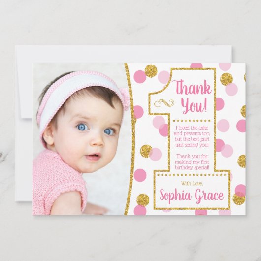 ピンクおよび金ゴールドの最初誕生日のサンキューカード 招待状 (正面)