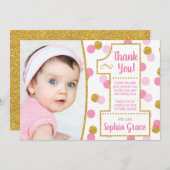 ピンクおよび金ゴールドの最初誕生日のサンキューカード 招待状 (正面/裏面)