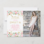 ピンクおよび金ゴールドの水彩画の花の写真の菓子16 招待状 (正面)