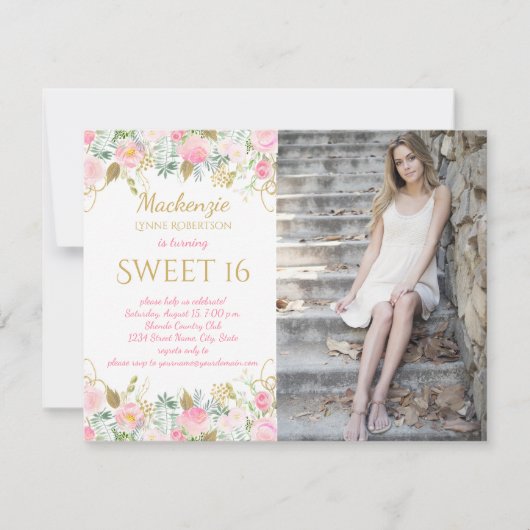 ピンクおよび金ゴールドの水彩画の花の写真の菓子16 招待状 (正面)