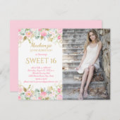 ピンクおよび金ゴールドの水彩画の花の写真の菓子16 招待状 (正面/裏面)