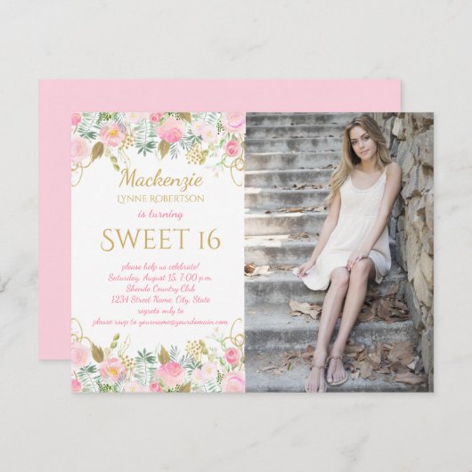 ピンクおよび金ゴールドの水彩画の花の写真の菓子16 招待状 (正面/裏面)