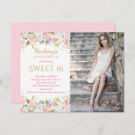 ピンクおよび金ゴールドの水彩画の花の写真の菓子16 招待状