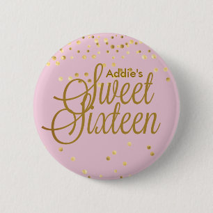ピンクおよび金ゴールドの点のSweet sixteenボタン 缶バッジ