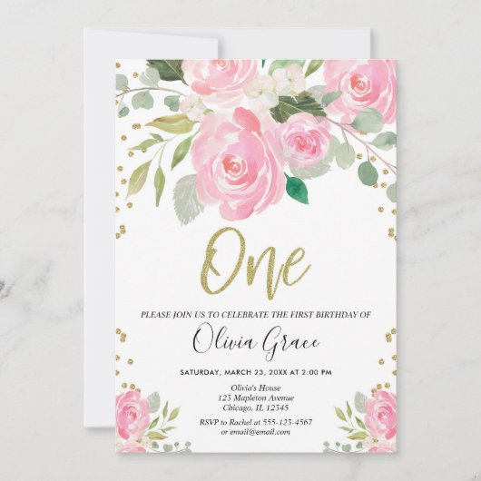 ピンクおよび金ゴールドの第1誕生日の花の女の子の誕生日 招待状 (正面)