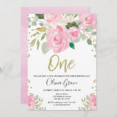 ピンクおよび金ゴールドの第1誕生日の花の女の子の誕生日 招待状 (正面/裏面)