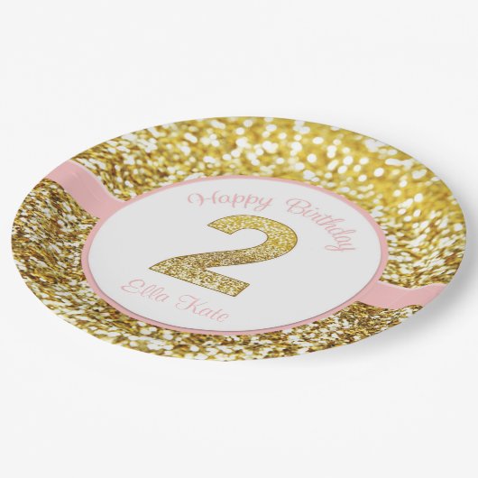 ピンクおよび金ゴールドの第2誕生日のプレート ペーパープレート (アングル)