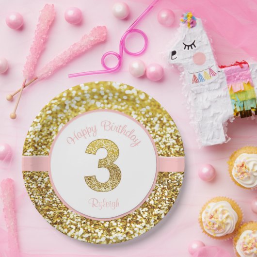 ピンクおよび金ゴールドの第3誕生日のプレート ペーパープレート (パーティー)
