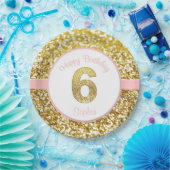 ピンクおよび金ゴールドの第6誕生日のプレート ペーパープレート (パーティー)