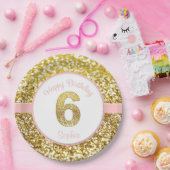 ピンクおよび金ゴールドの第6誕生日のプレート ペーパープレート (パーティー)