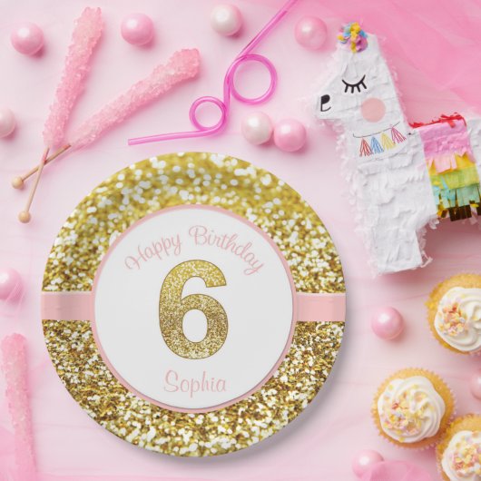 ピンクおよび金ゴールドの第6誕生日のプレート ペーパープレート (パーティー)