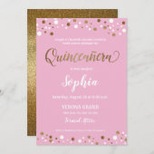 ピンクおよび金ゴールドの紙吹雪のキンセアニェラの第15誕生日 招待状 (正面/裏面)