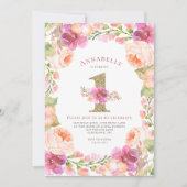 ピンクおよび金ゴールドの花の女の子の第1誕生会 招待状 (正面)