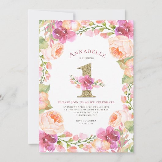 ピンクおよび金ゴールドの花の女の子の第1誕生会 招待状 (正面)