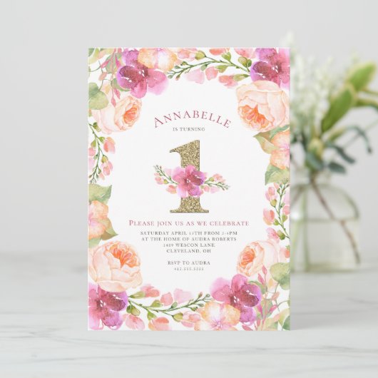 ピンクおよび金ゴールドの花の女の子の第1誕生会 招待状 (スタンド正面)