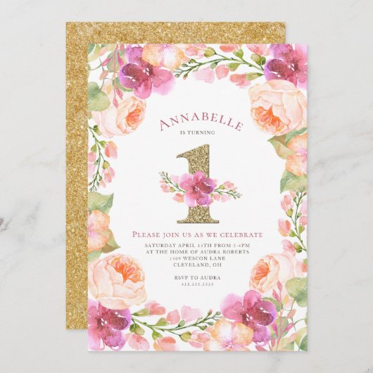 ピンクおよび金ゴールドの花の女の子の第1誕生会 招待状 (正面/裏面)