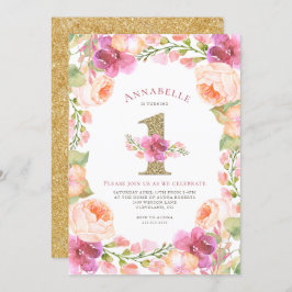 ピンクおよび金ゴールドの花の女の子の第1誕生会 招待状