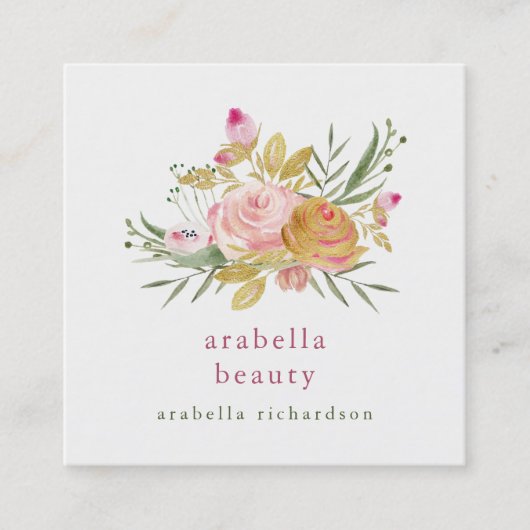 ピンクおよび金ゴールドの花柄|の会合媒体アイコン スクエア名刺 (正面)