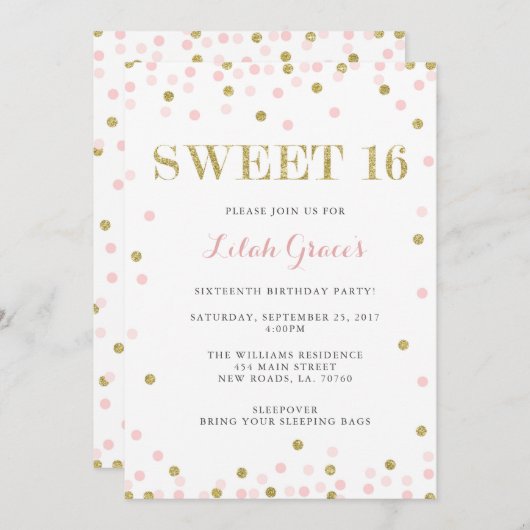 ピンクおよび金ゴールドの菓子16匹の誕生日の招待状 招待状 (正面/裏面)