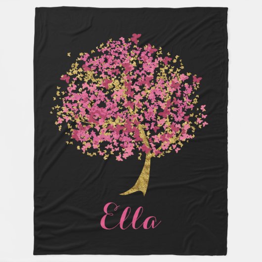 ピンクおよび金ゴールドの蝶木 フリースブランケット (正面)