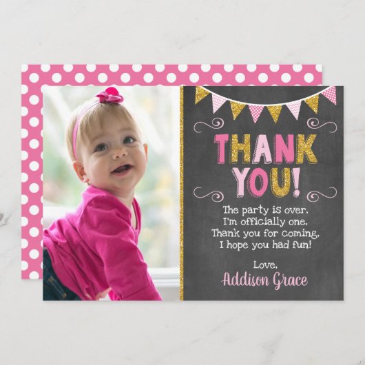 ピンクおよび金ゴールドの誕生日のサンキューカード|の黒板 サンキューカード (正面/裏面)