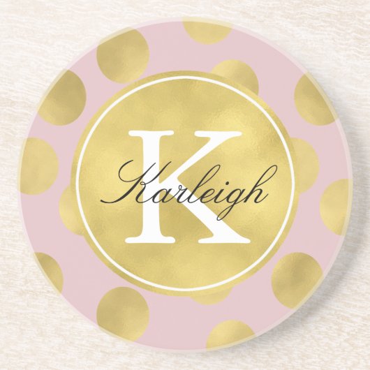 ピンクおよび金ゴールドの輝きの点のモノグラム コースター (正面)