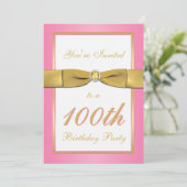 ピンクおよび金ゴールドの100th誕生日の招待状 招待状 (スタンド正面)