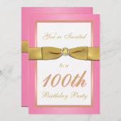 ピンクおよび金ゴールドの100th誕生日の招待状 招待状 (正面/裏面)