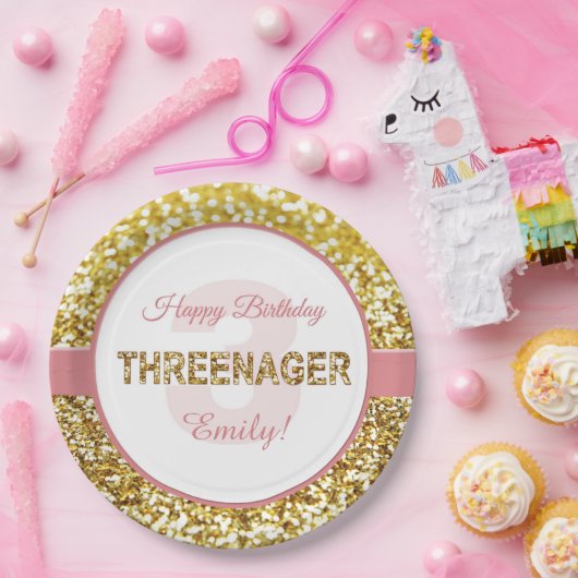 ピンクおよび金ゴールドのthreenagerの誕生日のプレート ペーパープレート (パーティー)