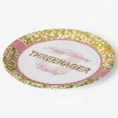 ピンクおよび金ゴールドのthreenagerの誕生日のプレート ペーパープレート (アングル)