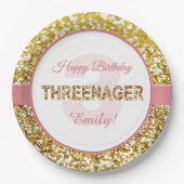 ピンクおよび金ゴールドのthreenagerの誕生日のプレート ペーパープレート (正面)