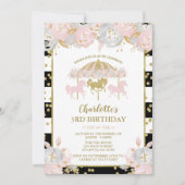 ピンクおよび金ゴールドグリッター回転木馬誕生日招待状 招待状 (正面)