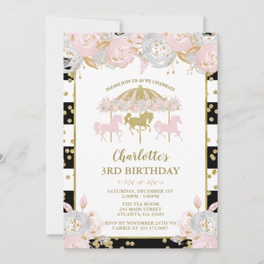 ピンクおよび金ゴールドグリッター回転木馬誕生日招待状 招待状 (正面)
