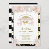 ピンクおよび金ゴールドグリッター回転木馬誕生日招待状 招待状 (正面/裏面)